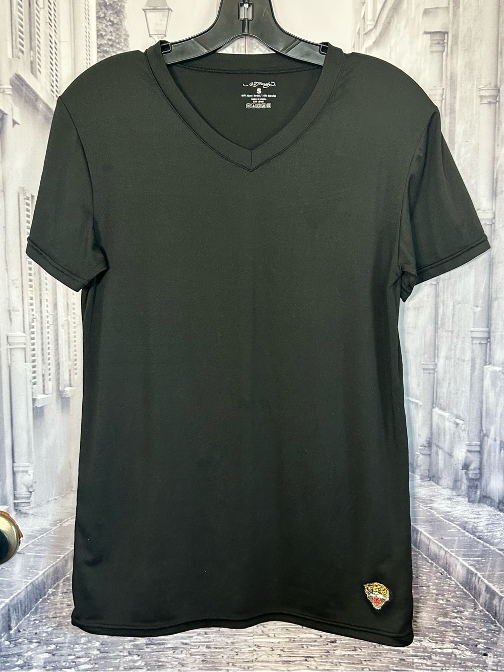 Ed Hardy Black V-Neck Tee with Small Tiger Graphic